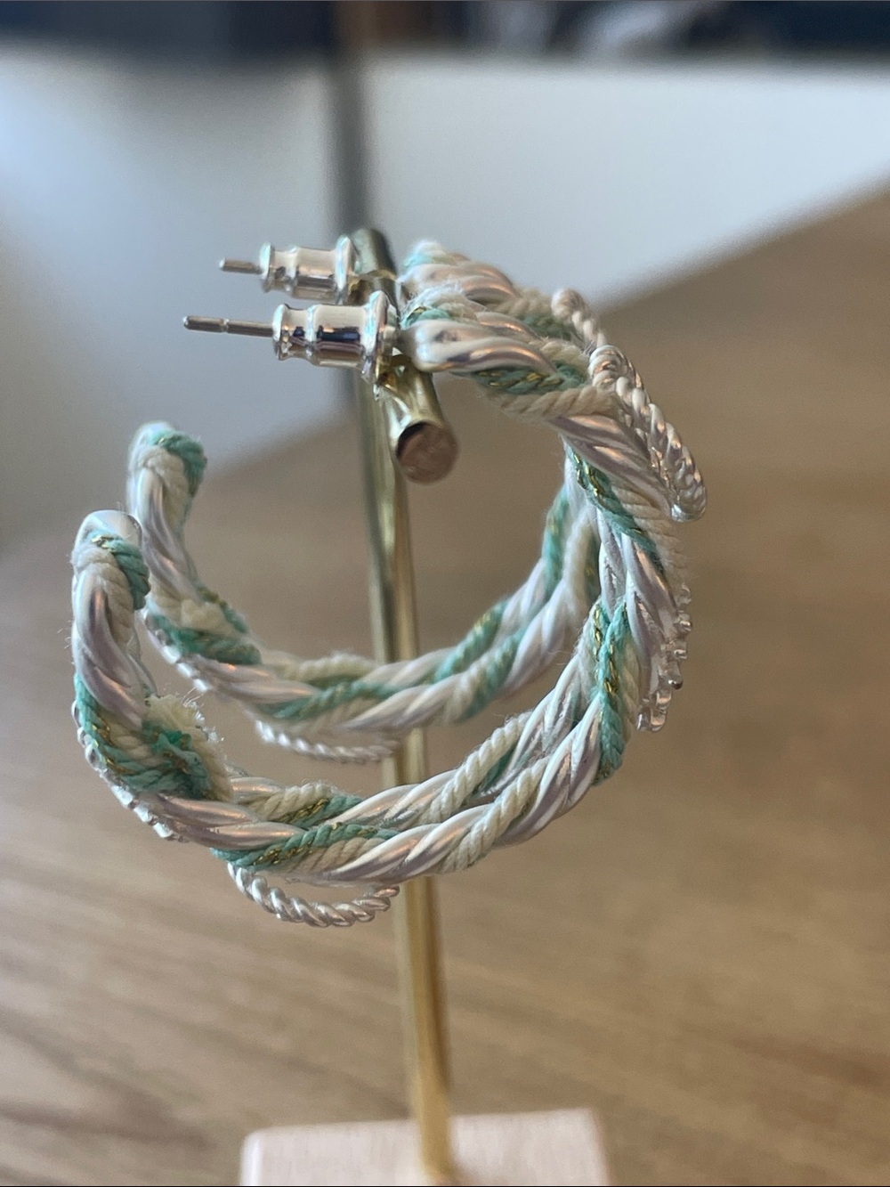 Anthropologie White and Mint Braided Floral Hoop Earrings - Picture 2 of 5
